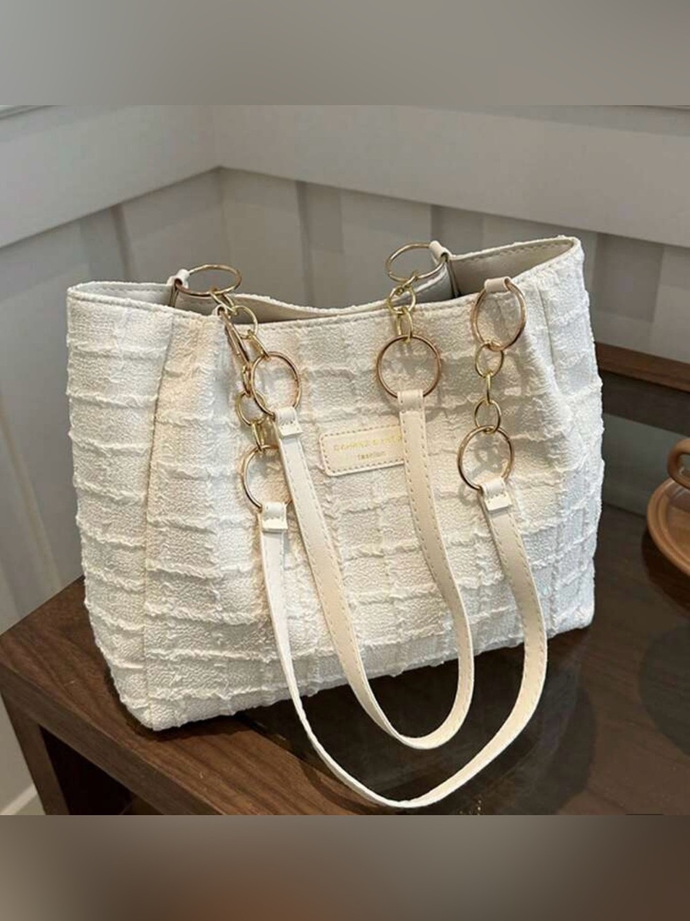 Elegant Off White Fashion Women’s Textured Bag with Gold Ring Details, New